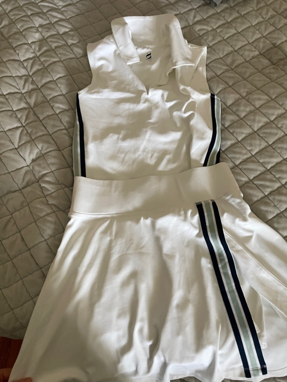 Lou & Grey White Sleeveless Polo Tennis skirt and top with Navy and Sage Stripes